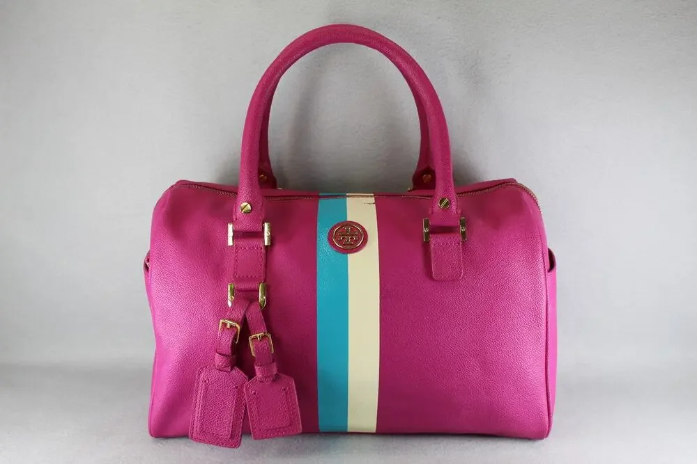 Tory Burch Pink Boston Satchel Stripe Bowler Handbag Womens